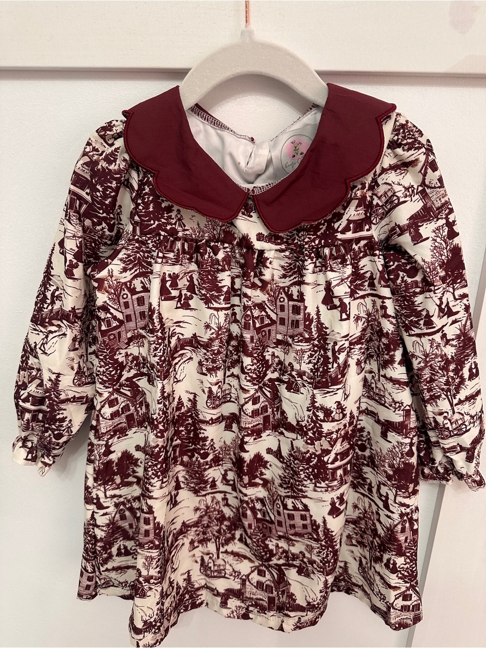 Emi Claire Girls Burgundy Scenic Print Dress with Peter Pan Collar